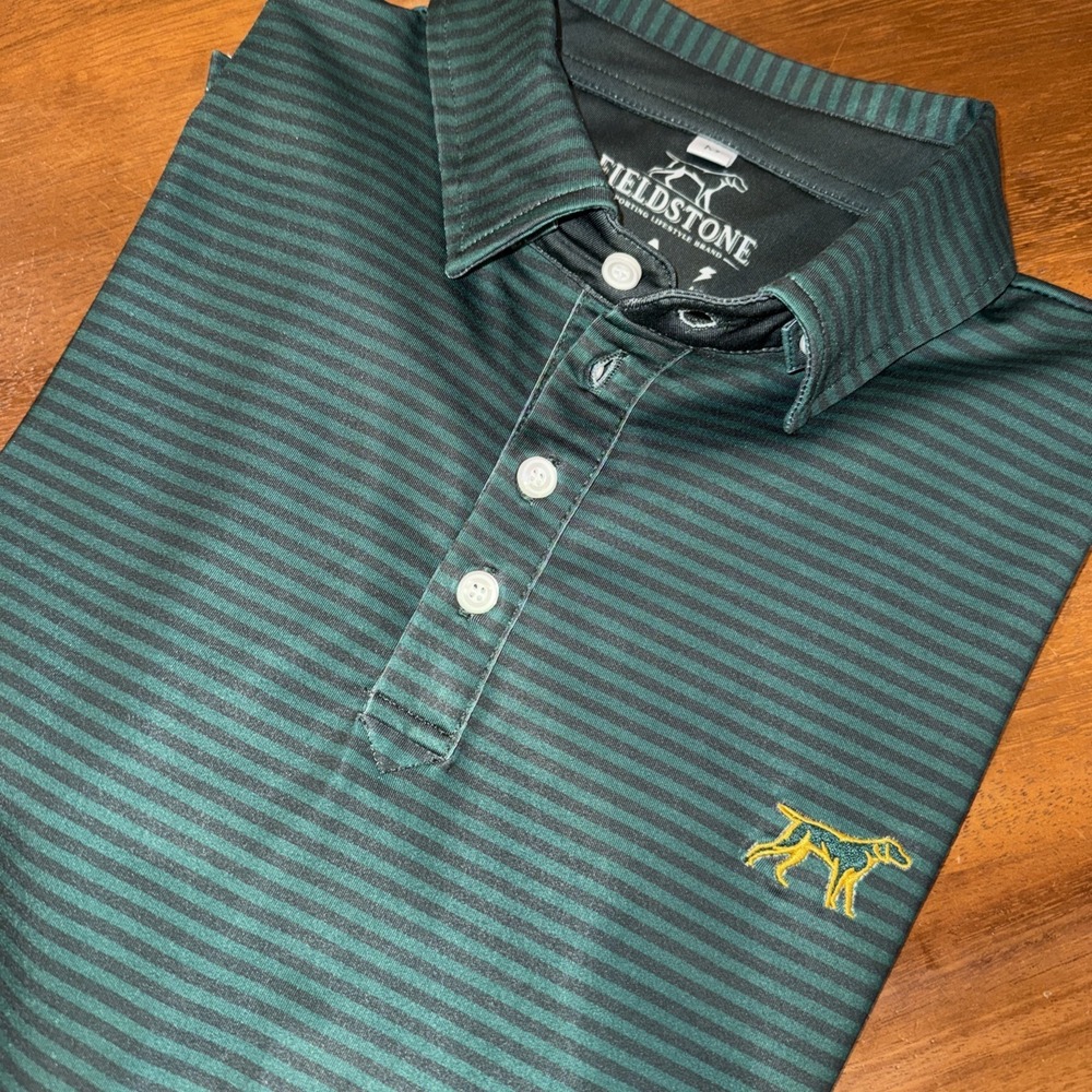 Fieldstone Men's Medium Performance Polo Green Striped Dog Stretch SS